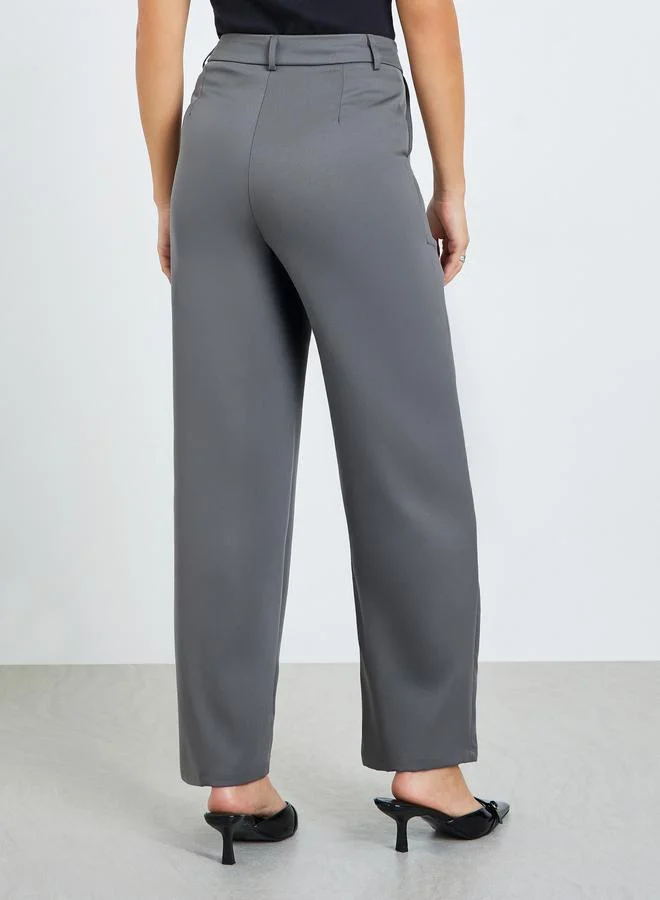 Take Two Grey Solid Straight Fit Trousers